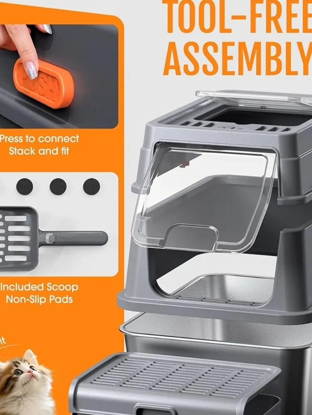 Powools Stainless Steel Enclosed Cat Litter Box With Lid Scoop Grey